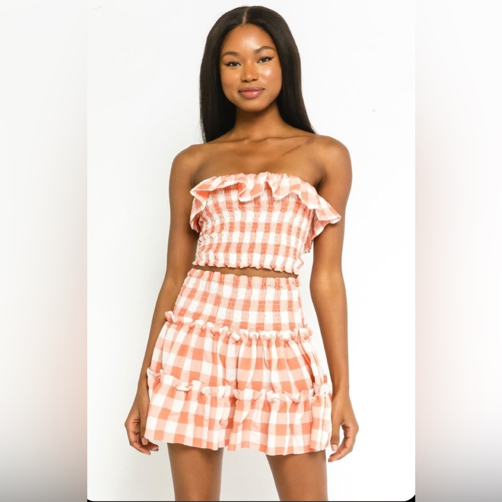 Olivaceous Coral Gingham Ruffle Ensemble